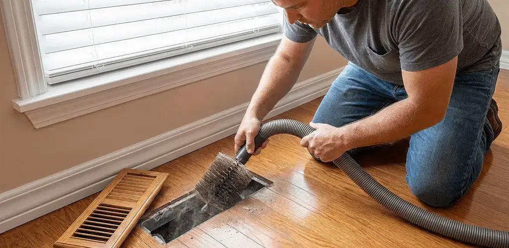 Air duct cleaning technician vacuuming a floor vent and duct opening in Anaheim, CA