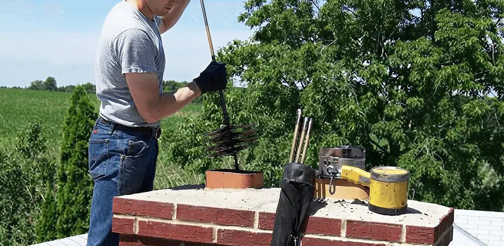 Chimney cleaning technician working on a rooftop chimney with professional tools in Anaheim, CA