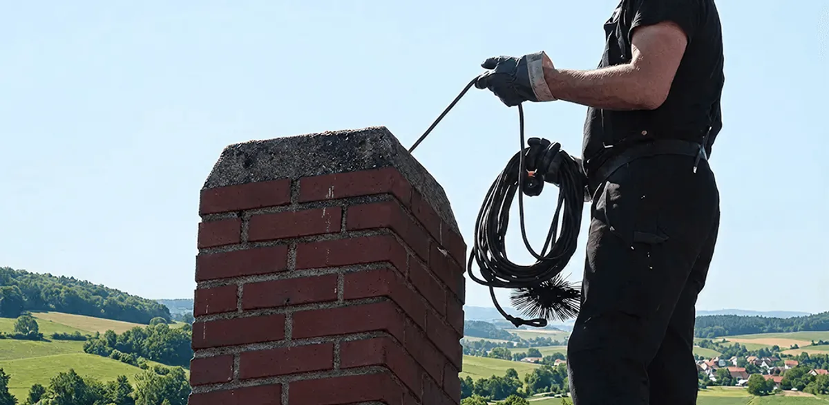 Chimney sweep inspecting and cleaning a rooftop chimney in Anaheim, CA