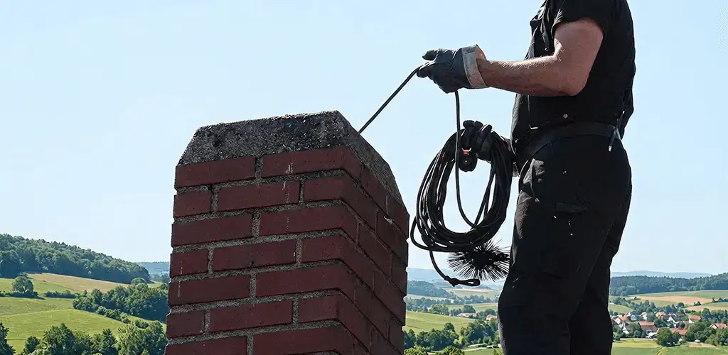 Chimney sweep inspecting and cleaning a rooftop chimney in Anaheim, CA