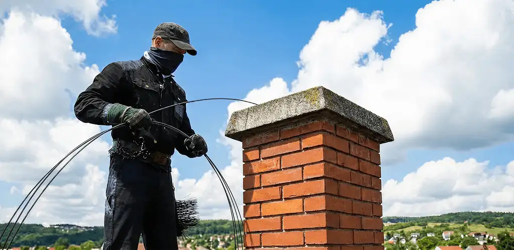 Chimney sweep cleaning a brick chimney with professional tools in Anaheim, CA