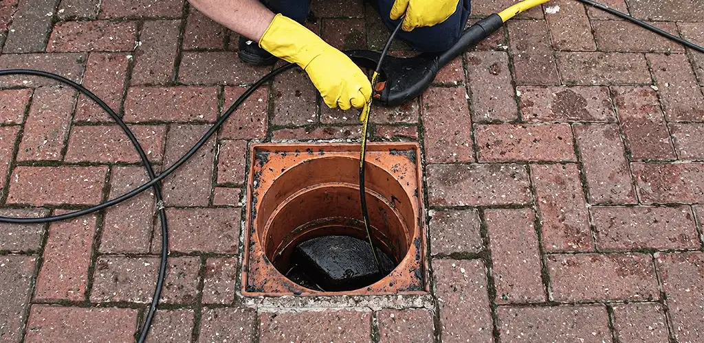 Drain cleaning technician using a drain snake to clear a clogged drain in Anaheim, CA