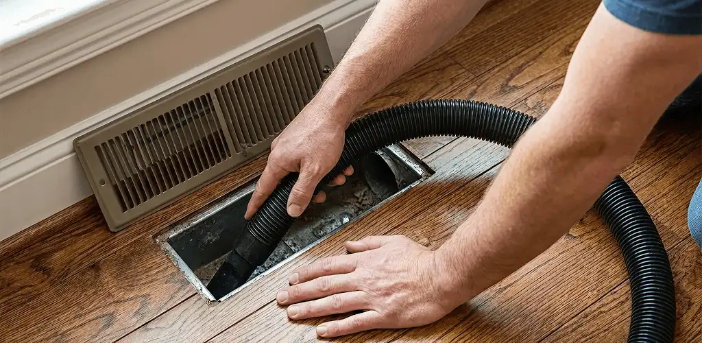 Air duct cleaning technician vacuuming a floor register and duct opening in Anaheim, CA