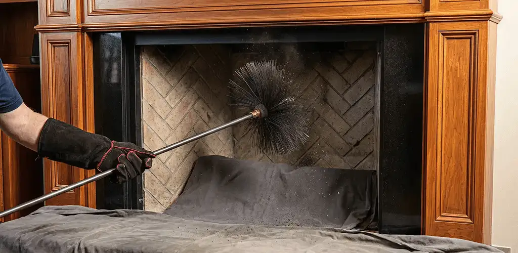 Chimney cleaning service brushing soot from a fireplace and flue in Anaheim, CA