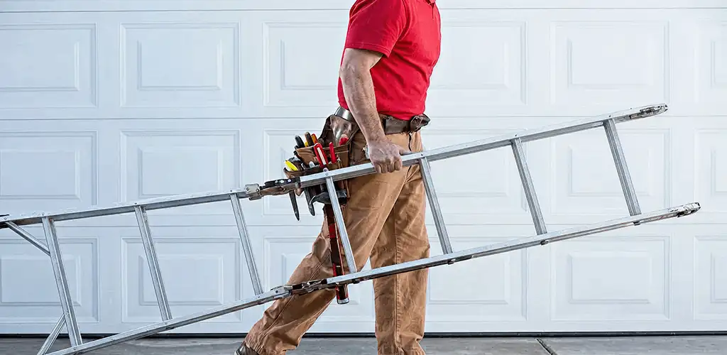 Garage door repair technician arriving with tools and ladder in Anaheim, CA