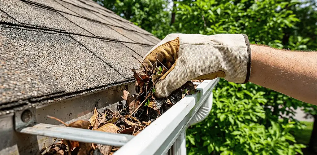 Gutter cleaning removing leaves and debris from roof gutters in Anaheim, CA