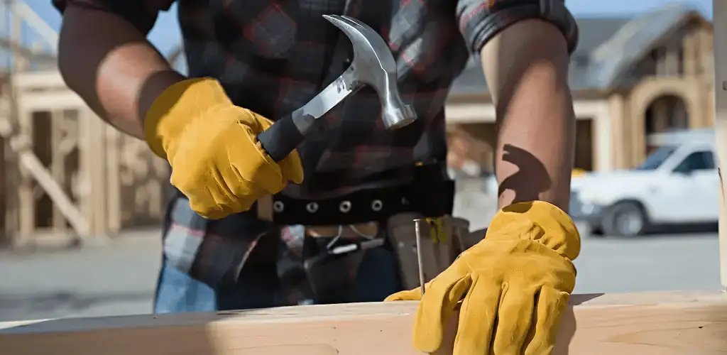Handyman fixing wood trim with a hammer for home repairs in Anaheim, CA