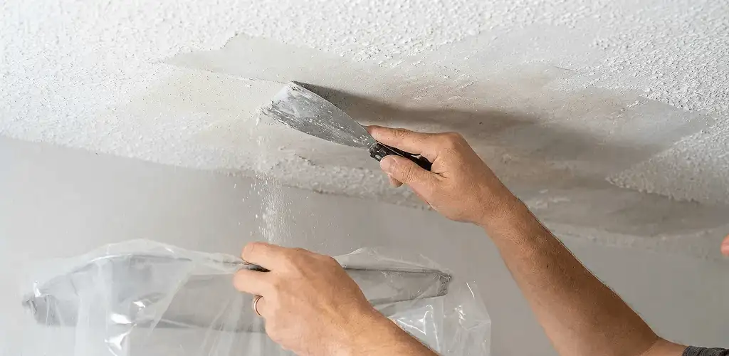 Popcorn ceiling removal technician scraping texture from a ceiling in Anaheim, CA