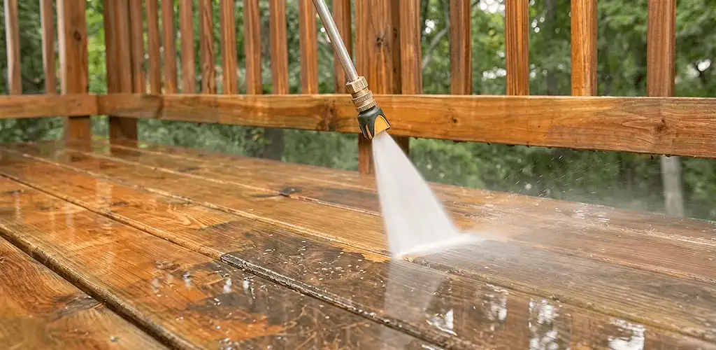 Pressure washing a wood deck to remove dirt and buildup in Anaheim, CA