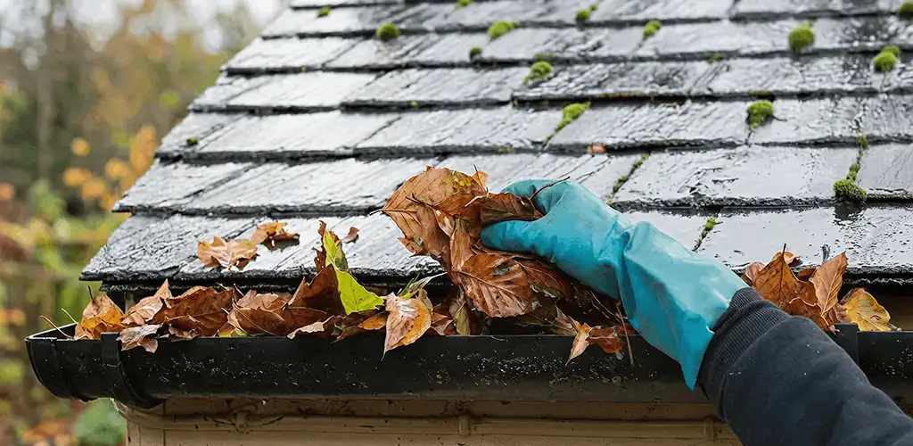 Gutter cleaning technician clearing wet leaves from roof gutters in Anaheim, CA
