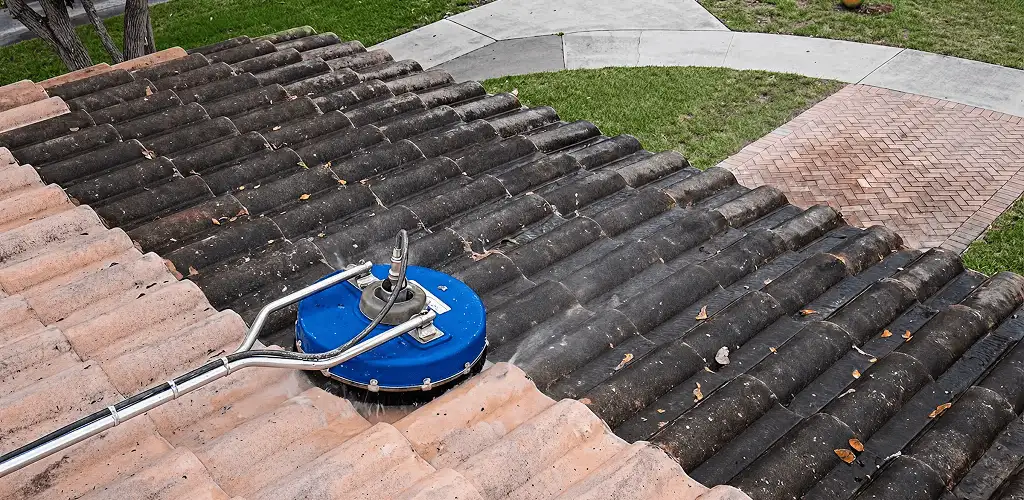 Roof pressure cleaning removing debris and buildup from roof tiles in Anaheim, CA