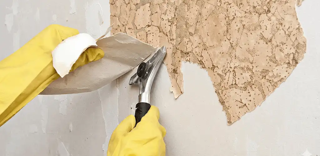 Wallpaper removal service stripping old wallpaper from a wall in Anaheim, CA