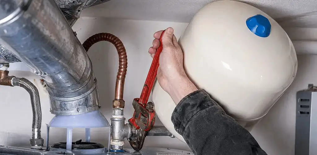 Water heater repair technician tightening plumbing connections near a tank unit in Anaheim, CA